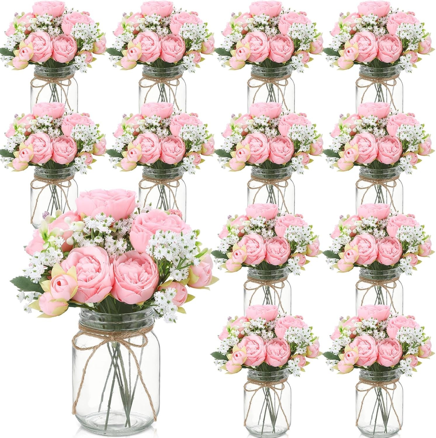 12 Sets Mason Jar Centerpiece Table Decorations Artificial Peony Baby’s Breath