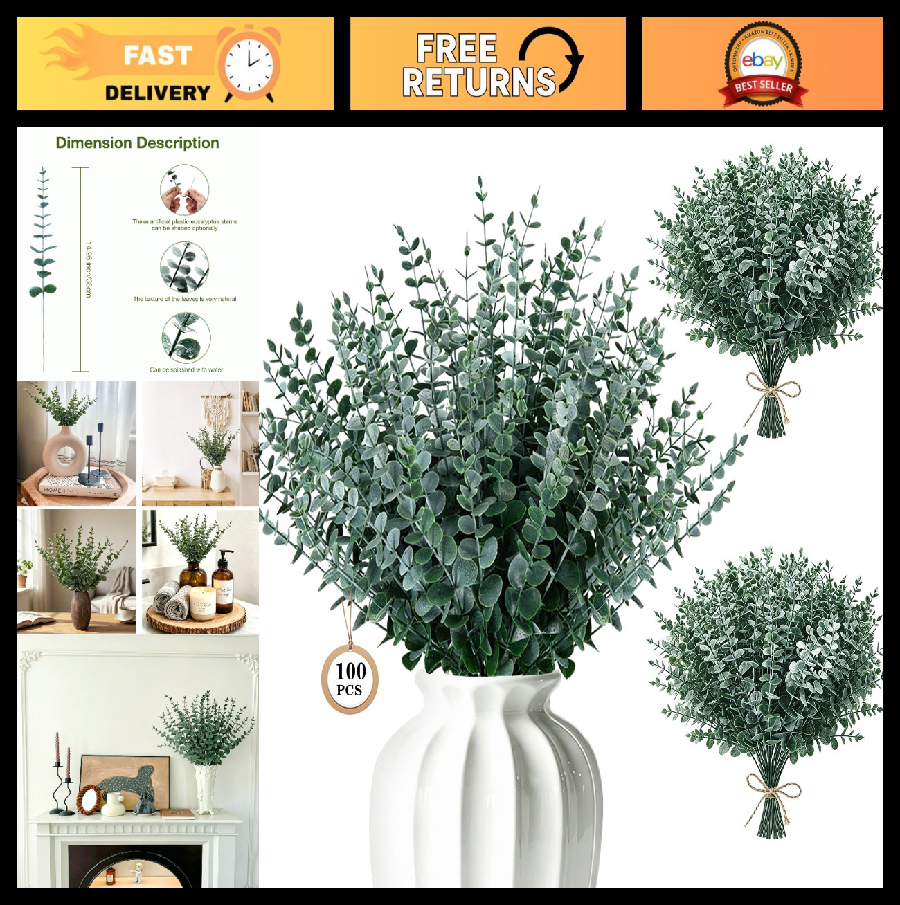 100pcs Artificial Eucalyptus Stems – Real Touch Faux Leaves for Wedding, Home De
