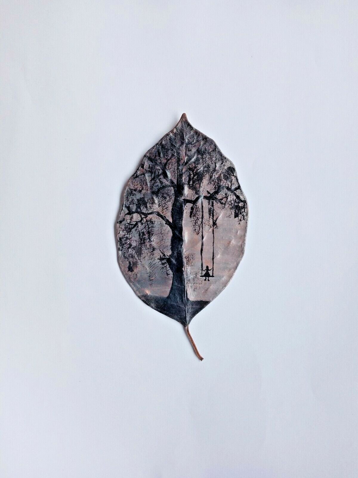 Hand Painted Leaf Art Miniature Dry Acrylic Landscape Drawing Signed By Artist