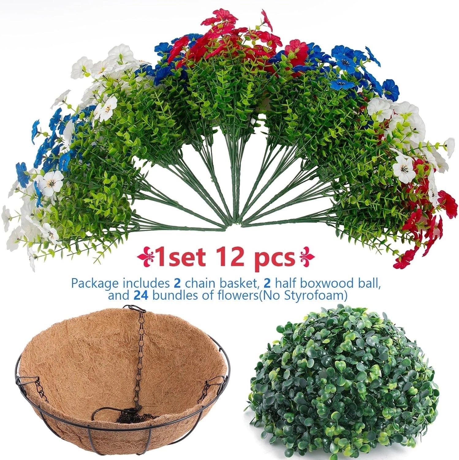 24 Vibrant Artificial Flowers in 2 Hanging Baskets for 4th of July Celebrations