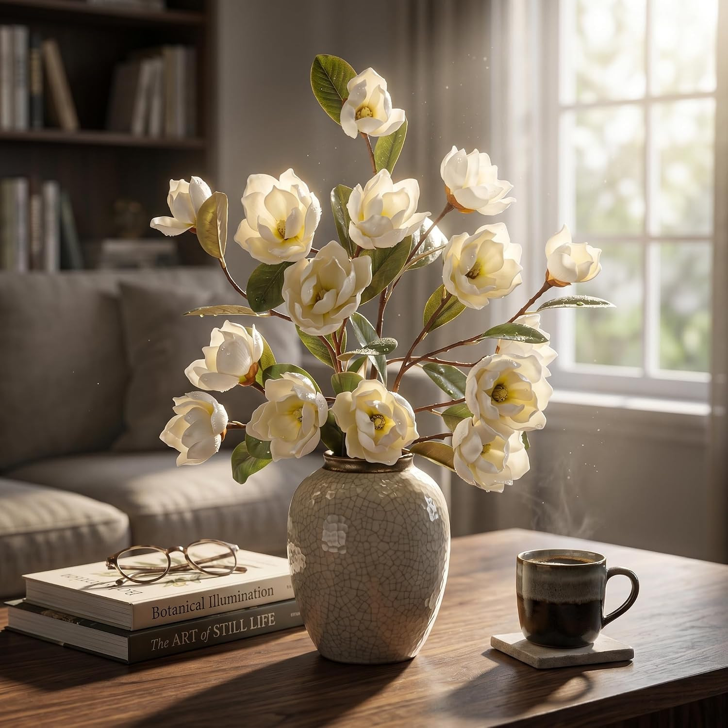 Realistic White Magnolia Faux Flowers with Green Leaves – 3 Pcs for Decor