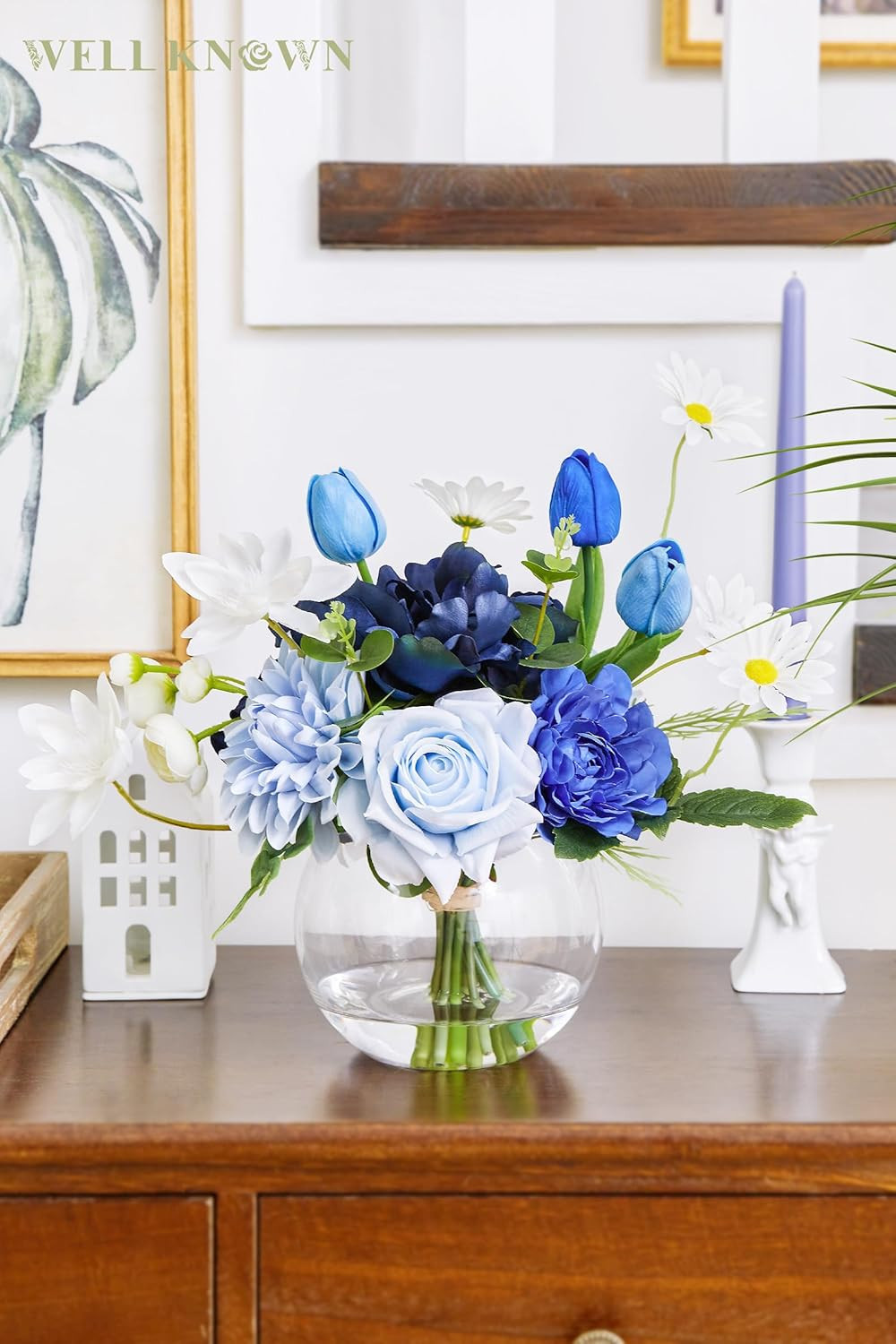 Artificial Flowers with Vase Silk Flower Arrangements in round Bowl Vase with Fa