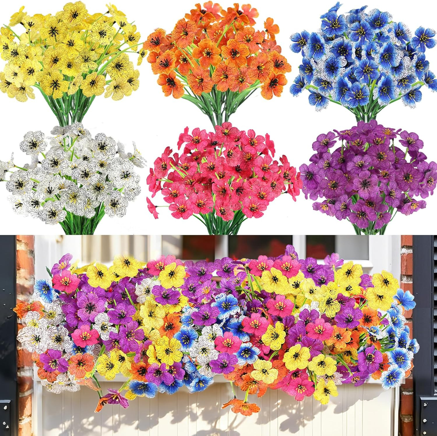 Fake Outdoor Flowers Uv-Resistant – 24 Bundles 6 Colors Realistic Artificial Flo
