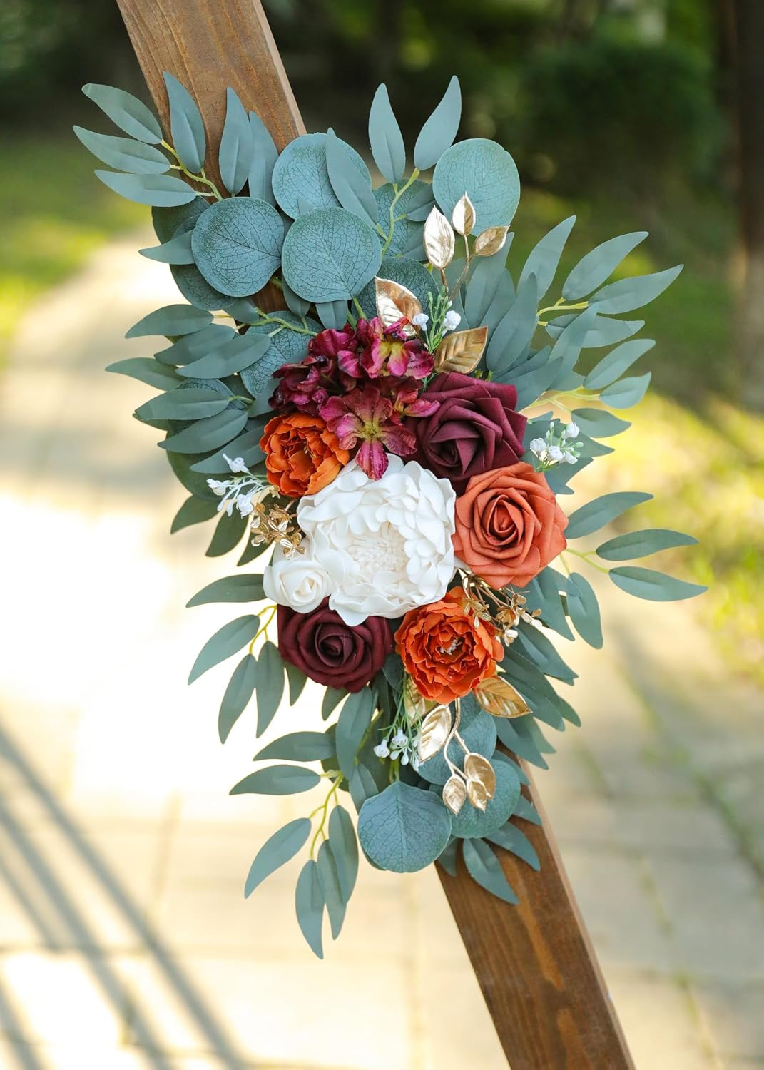 Burnt Orange Wedding Arch Flowers Swags Set of 2 with Burgundy Roses
