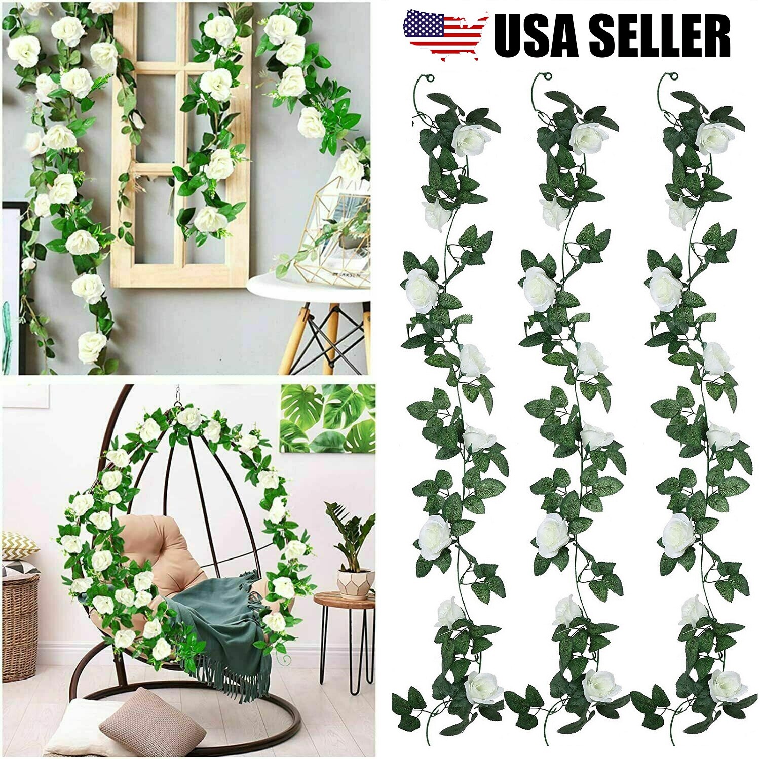 6× Artificial Silk Flower Garland Fake Flower Rose Vine Wall Hanging Plant USA