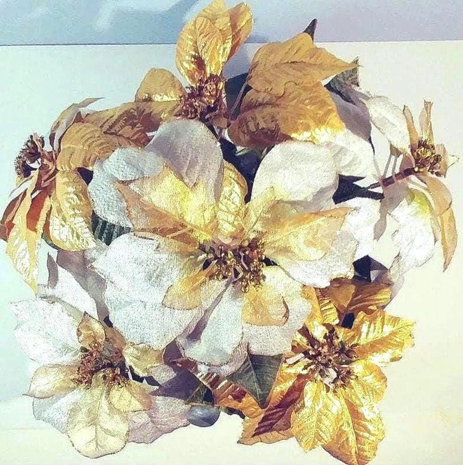 Fuax Potted Silk Poinsettia in Gold, Silver, & White Flowers Floral Centerpiece