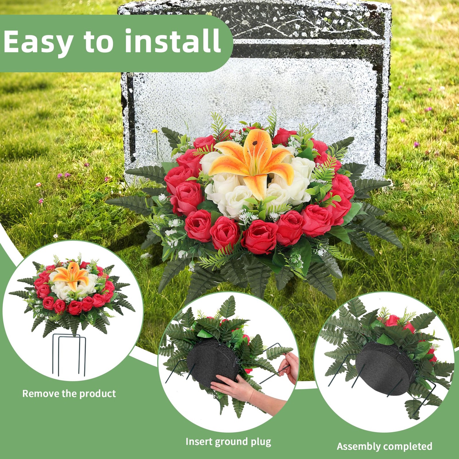 Red Artificial Cemetery Silk Flowers Fake Birthday Cake Grave Headstone Decor