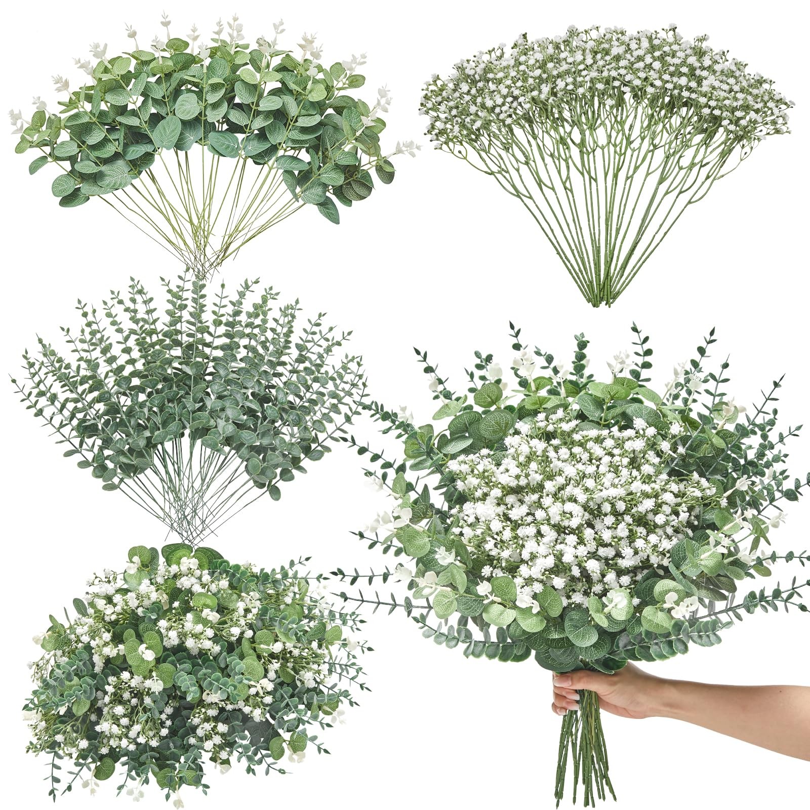 100 Pcs Mixed Artificial Eucalyptus Stems,Babys Breath Artificial Flowers Bul…