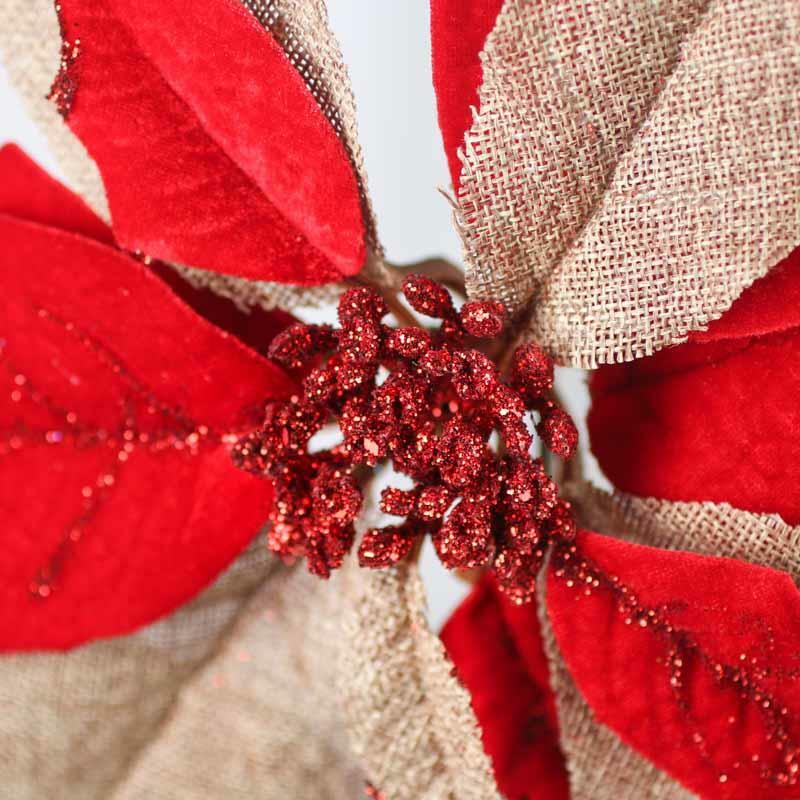 Lot of 2 Sparkling Artificial Burlap and Velveteen Poinsettia 22″ Floral Stem