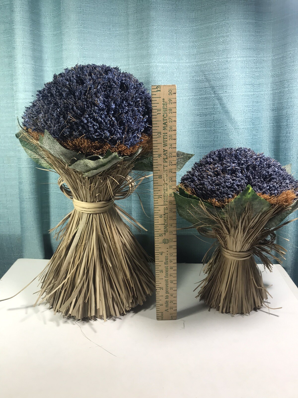 Artificial Lavender Bouquet Pair Free Standing Rounded Bunch w Grass Bow