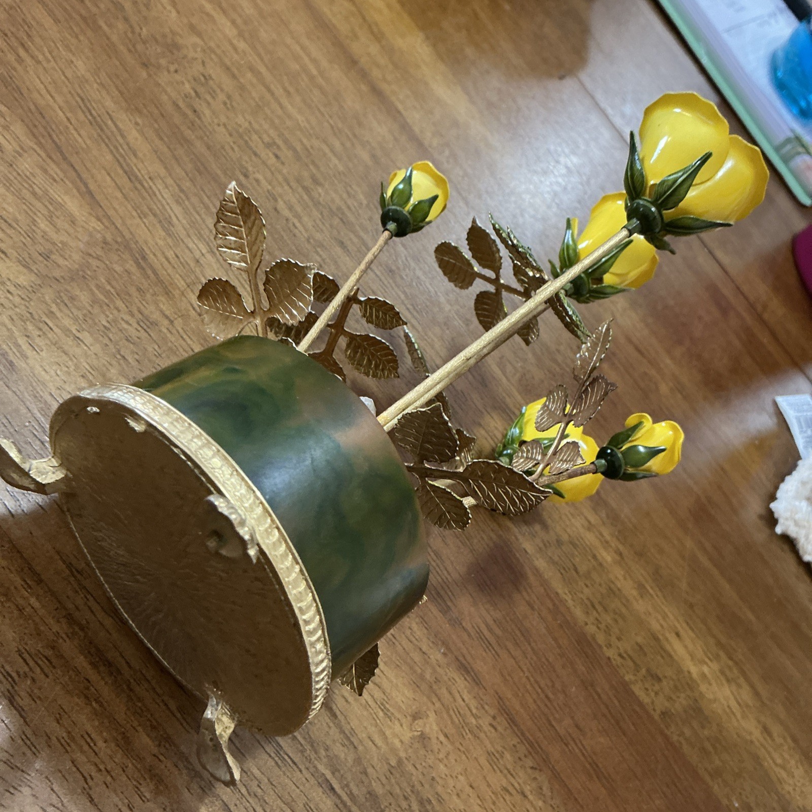 Enamel on Copper Yellow Potted Roses On Footed Base Vintage.