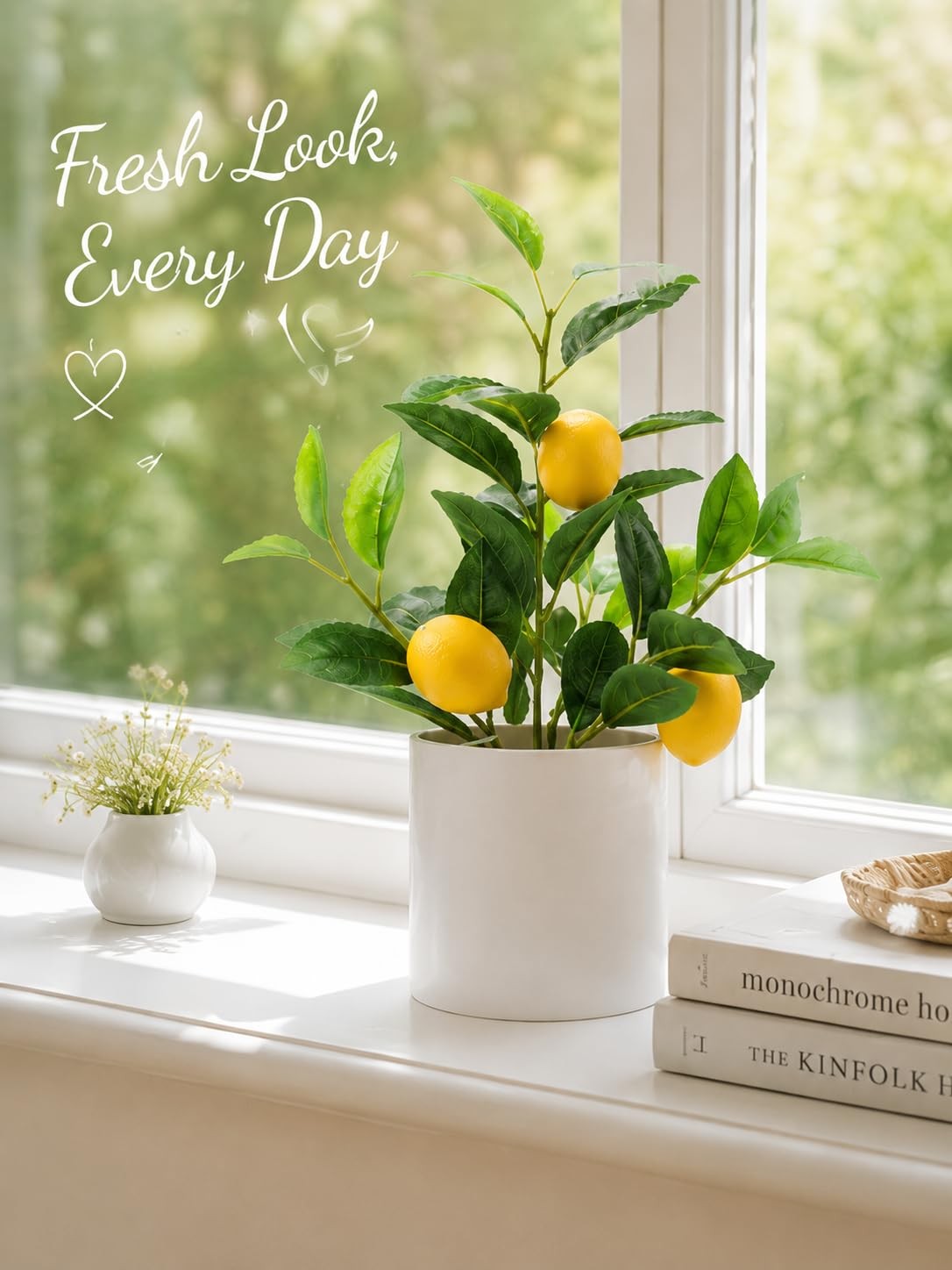 Realistic Small Fake Lemon Tree 14.6 Inch Artificial Plant White Pot Indoor