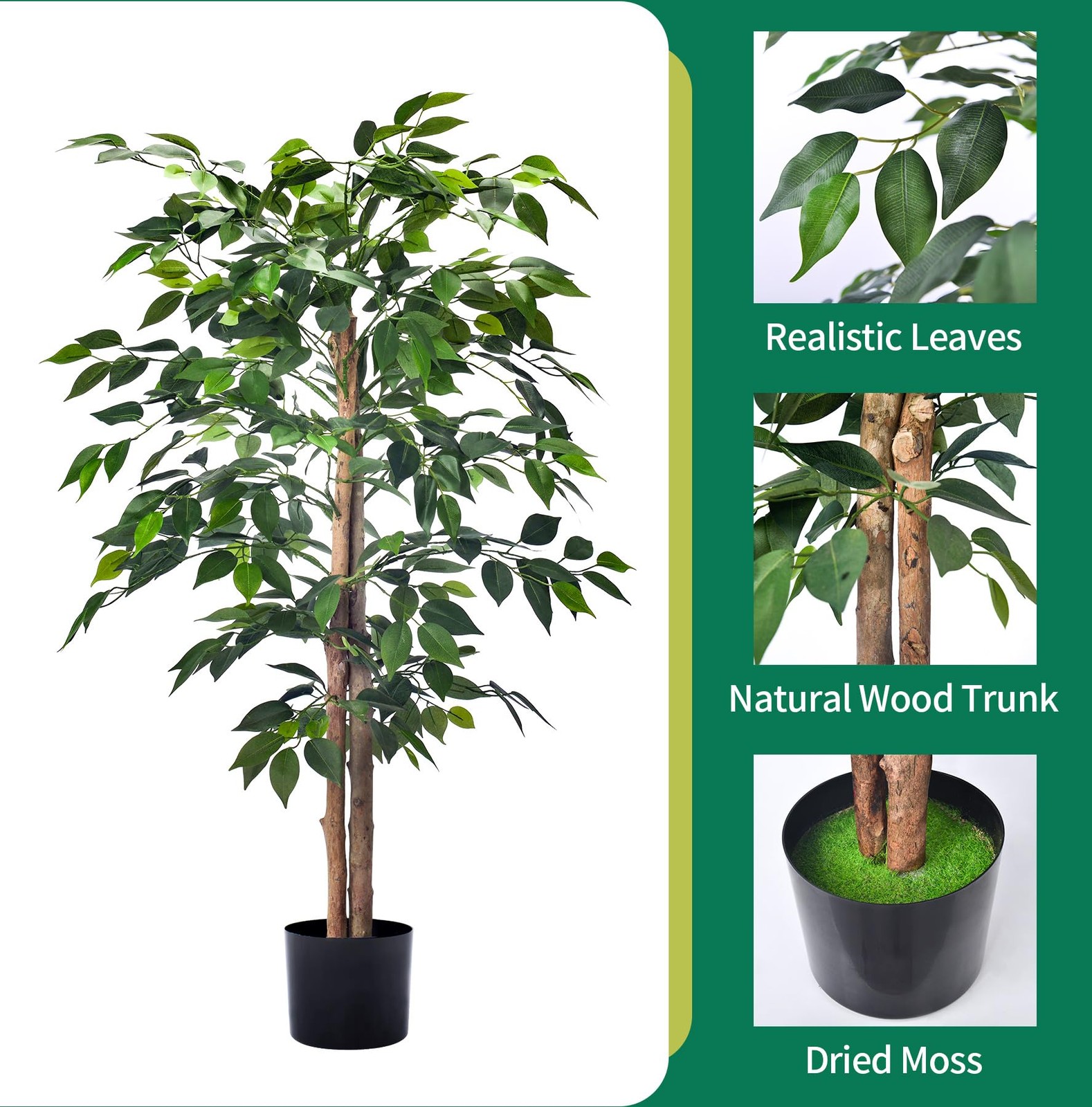 2Packs 4FT Artificial Ficus Trees with Realistic Leaves and Natural Trunk, Fa…