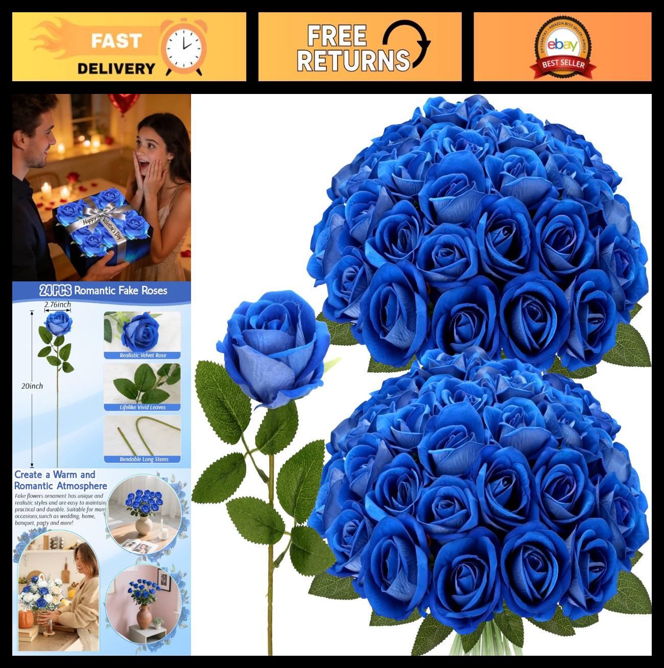 24 Blue Velvet Silk Roses – Realistic Artificial Flowers for Wedding Decor, Part