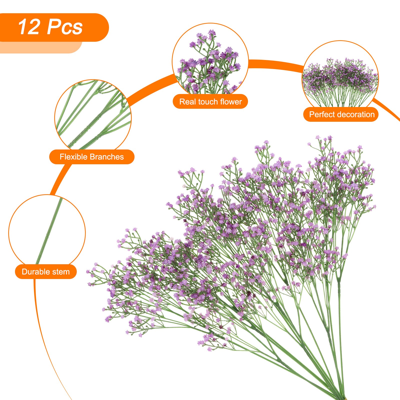 12Pcs Fake Gypsophila Artificial Flowers PU Branch Long Stems for Decor Purple
