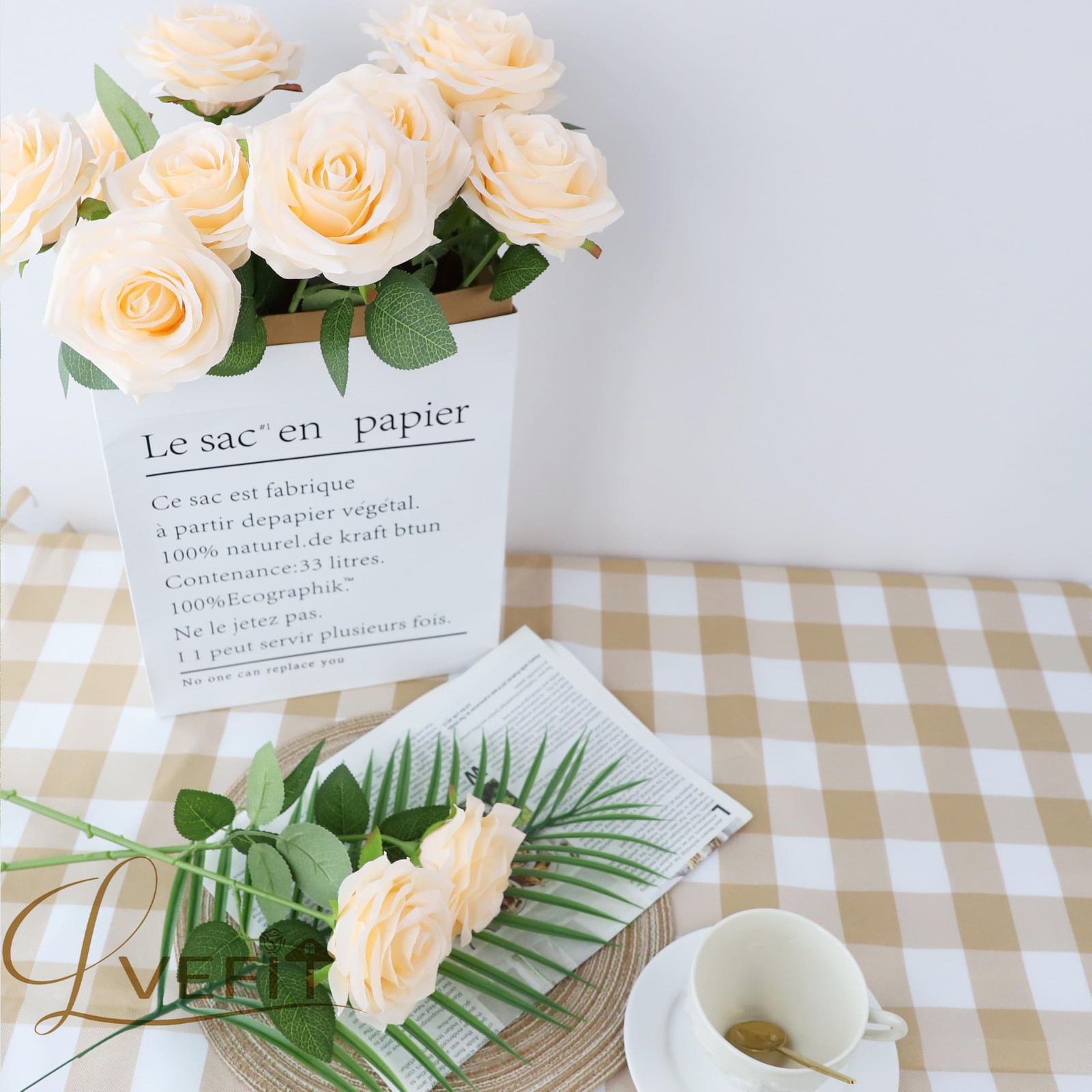 12pcs Artificial Rose Flower Champagne Flower With Long Stem Silk Roses Bouquet