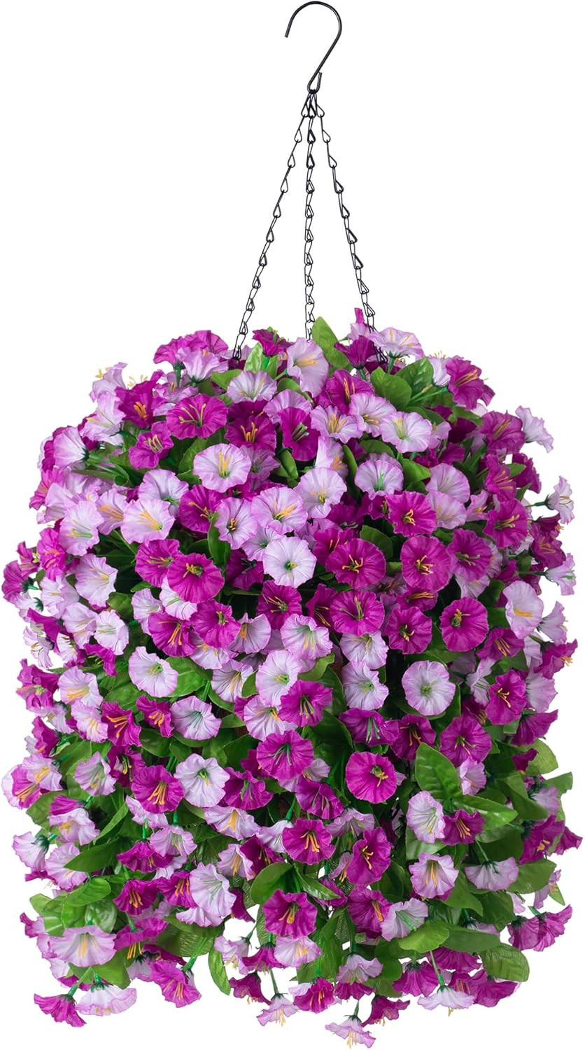 Artificial Flowers with Hanging Basket, Outdoor Faux Plants Silk Morning Glory V