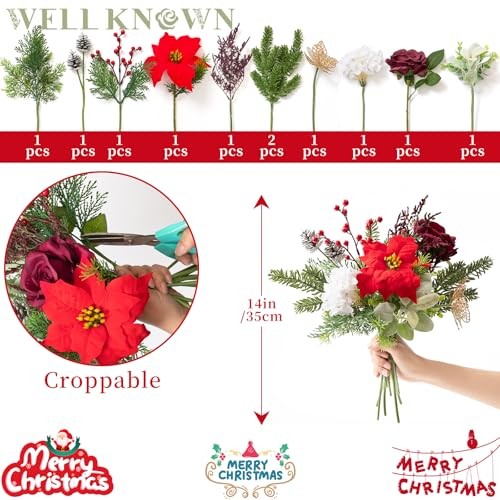 11 Pcs Artificial Flowers Bouquet with Pine Branches, 14″ Red Poinsettias