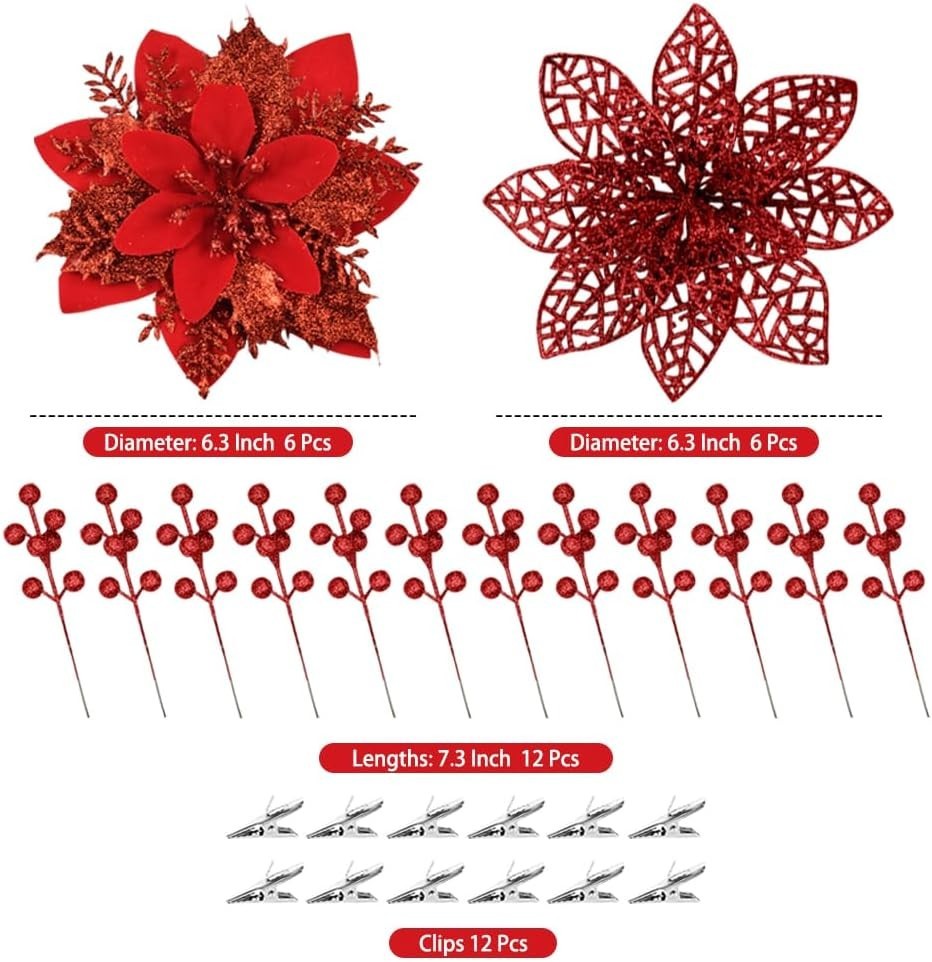24pcs Christmas Glitter Tree Picks, 12pcs Poinsettias Artificial Flowers Red