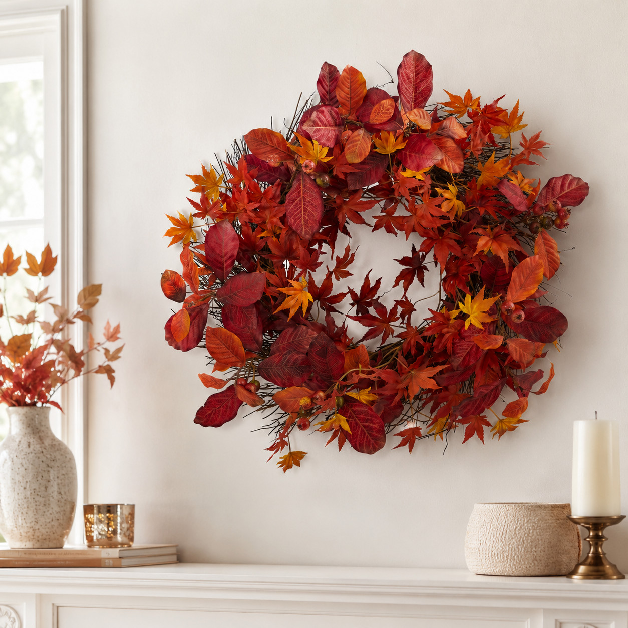 22″Japanese MapleMagnolia Leaf Berries Artificial Wreath