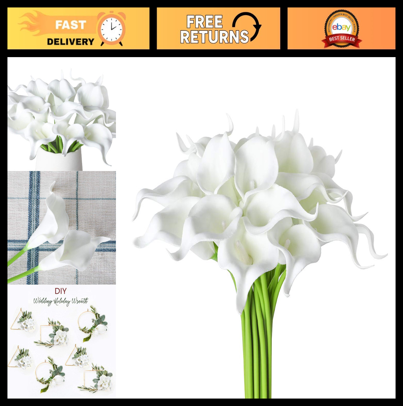 20Pcs Real Touch Artificial Calla Lily Flowers – White Latex for DIY Wedding Dec