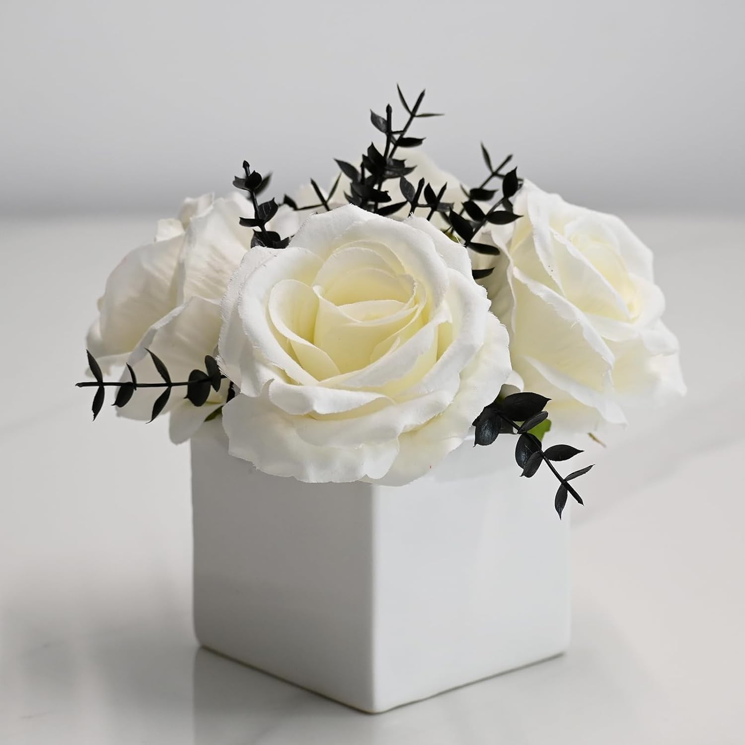 White Rose Artificial Flowers Vase Black Eucalyptus Faux Floral Modern Decor