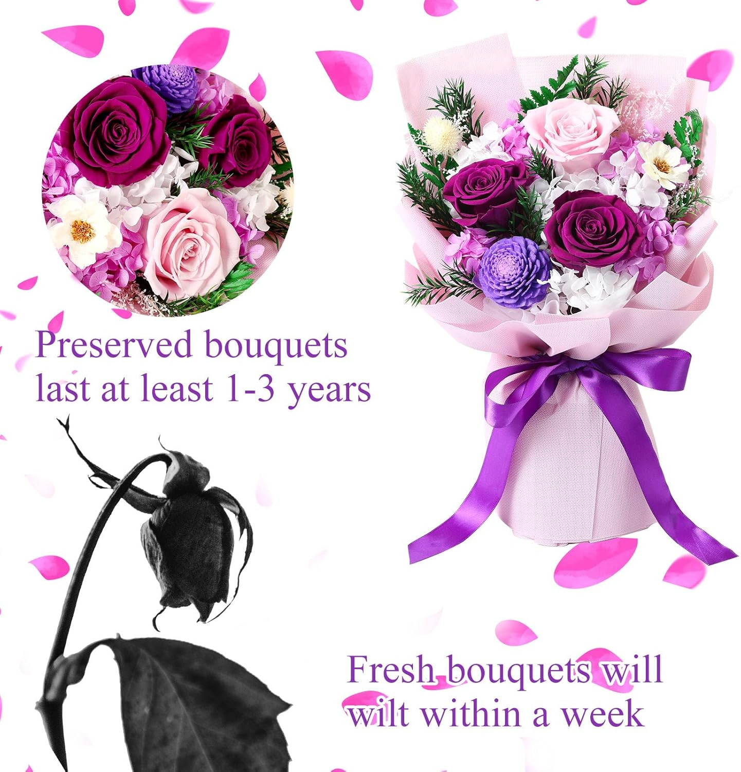Flowers Gifts for Women, Flower for Delivery, Preserved Purple Roses Bouquets, A