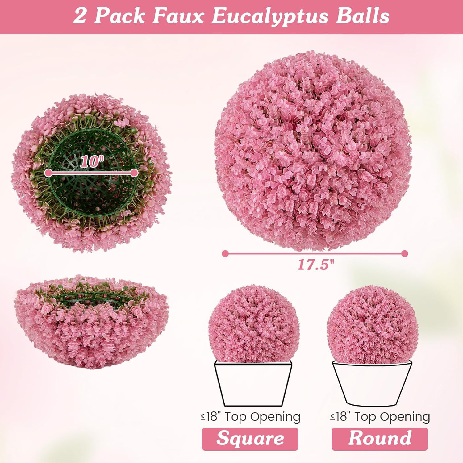 17.5 Inch Topiary Balls Artificial Outdoor Set of 2, Faux Pink Eucalyptus Decora