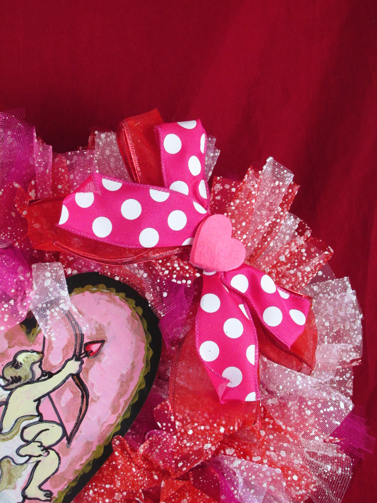 Red, White, and Pink Faux-Snow Deco Mesh Heart-Shaped Wreath