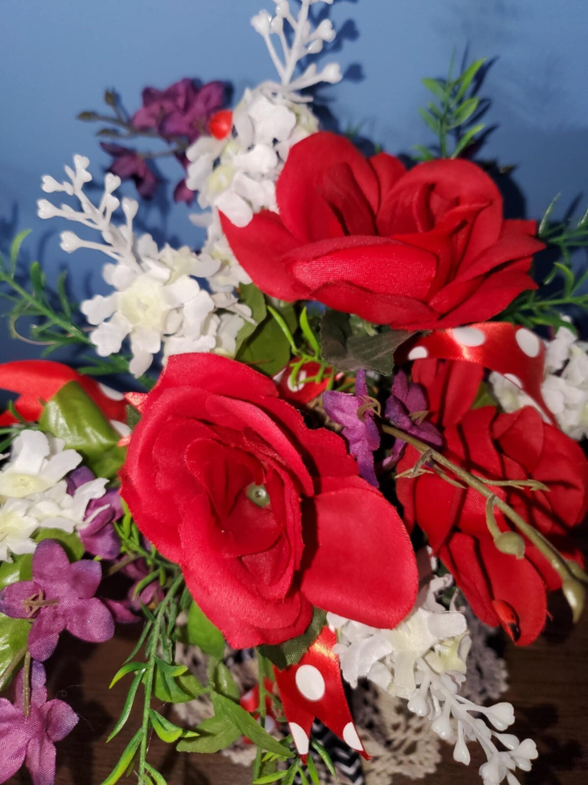 Handmade Floral Arrangement Whimsical Planter Ladybugs Red Roses Purple White