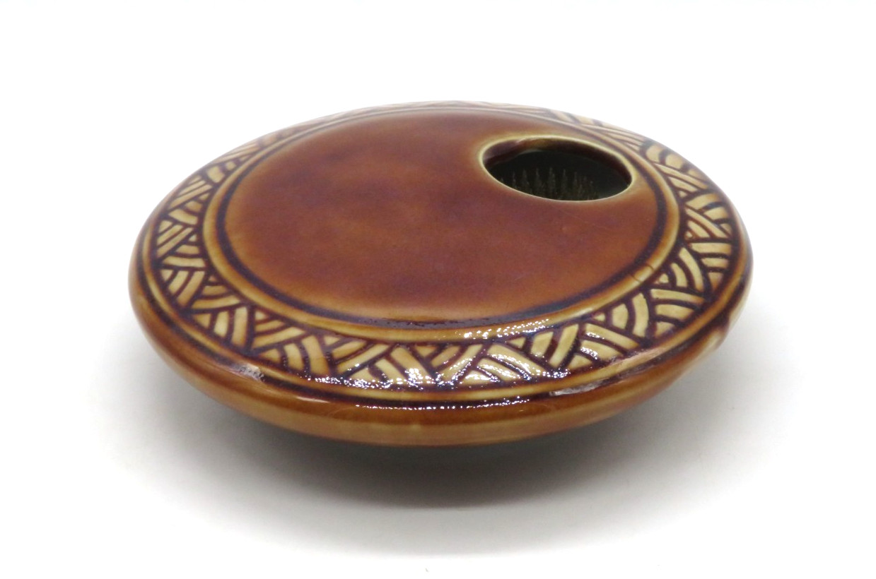 Vintage Ceramic Round Ikebana Flower Vase with Frog Brown Glaze Carved pattern