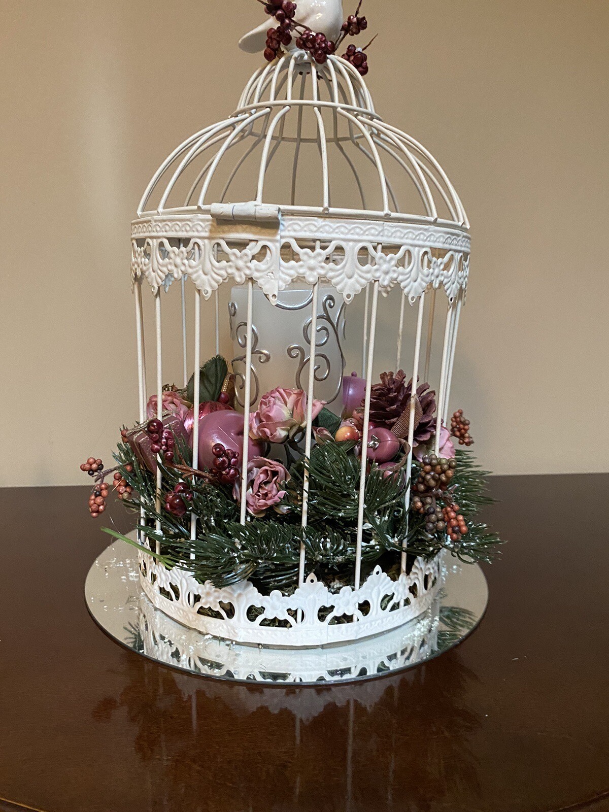 Vintage Christmas Birdcage with Pink Highlights & Pillar Candle