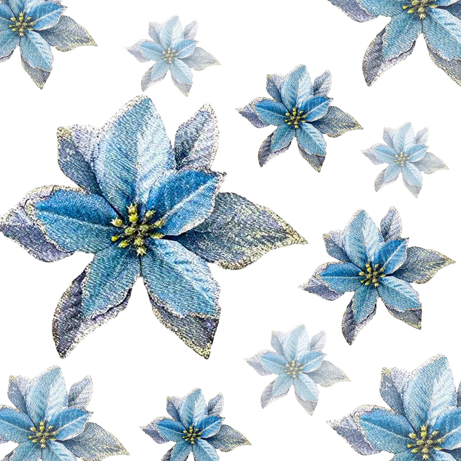Christmas Glitter Poinsettia Christmas Tree Ornaments Decoration Blue 12 PCS