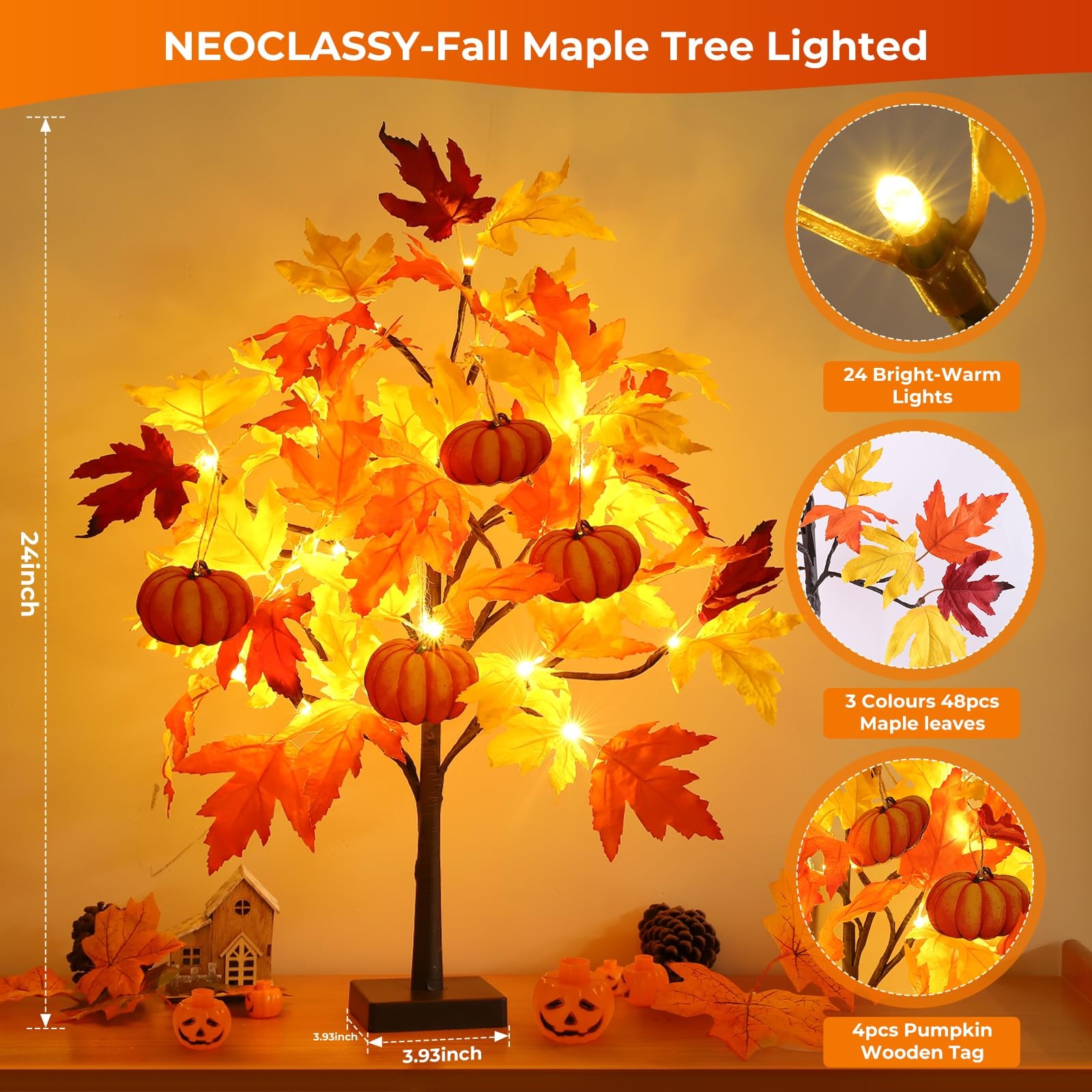2 PCS 24 Inch Fall Maple Tree 48 LED Pumpkin Hanging Ornaments Battery