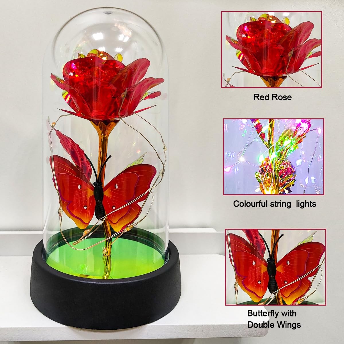 Eternal Rose Flower in Glass Dome with LED Lights for Her Women Mothers