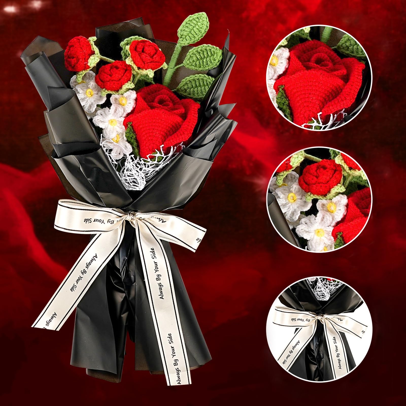 Red Crochet Rose Bouquet Hand Knitted with Blacking Packing Woven Flower
