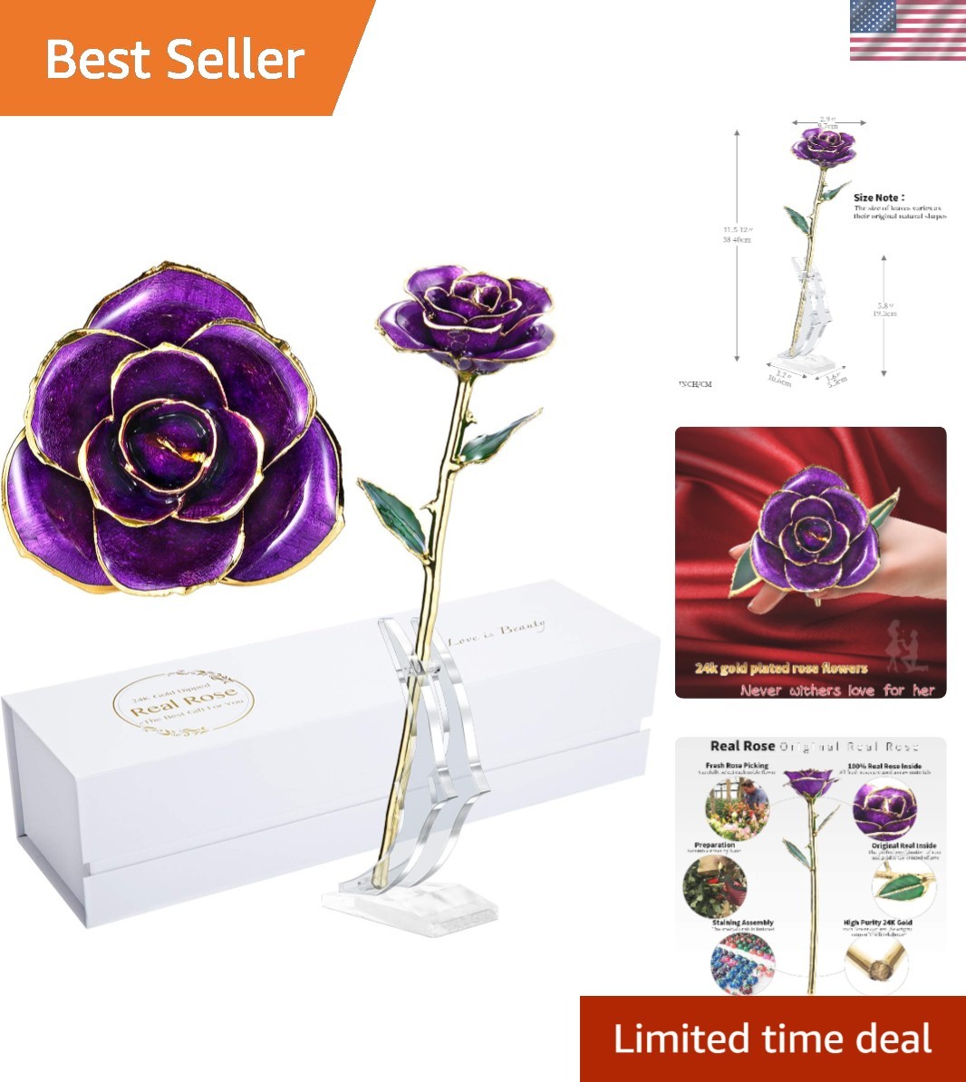 Unique 24k Gold Dipped Purple Rose – Perfect Anniversary and Wedding Gift