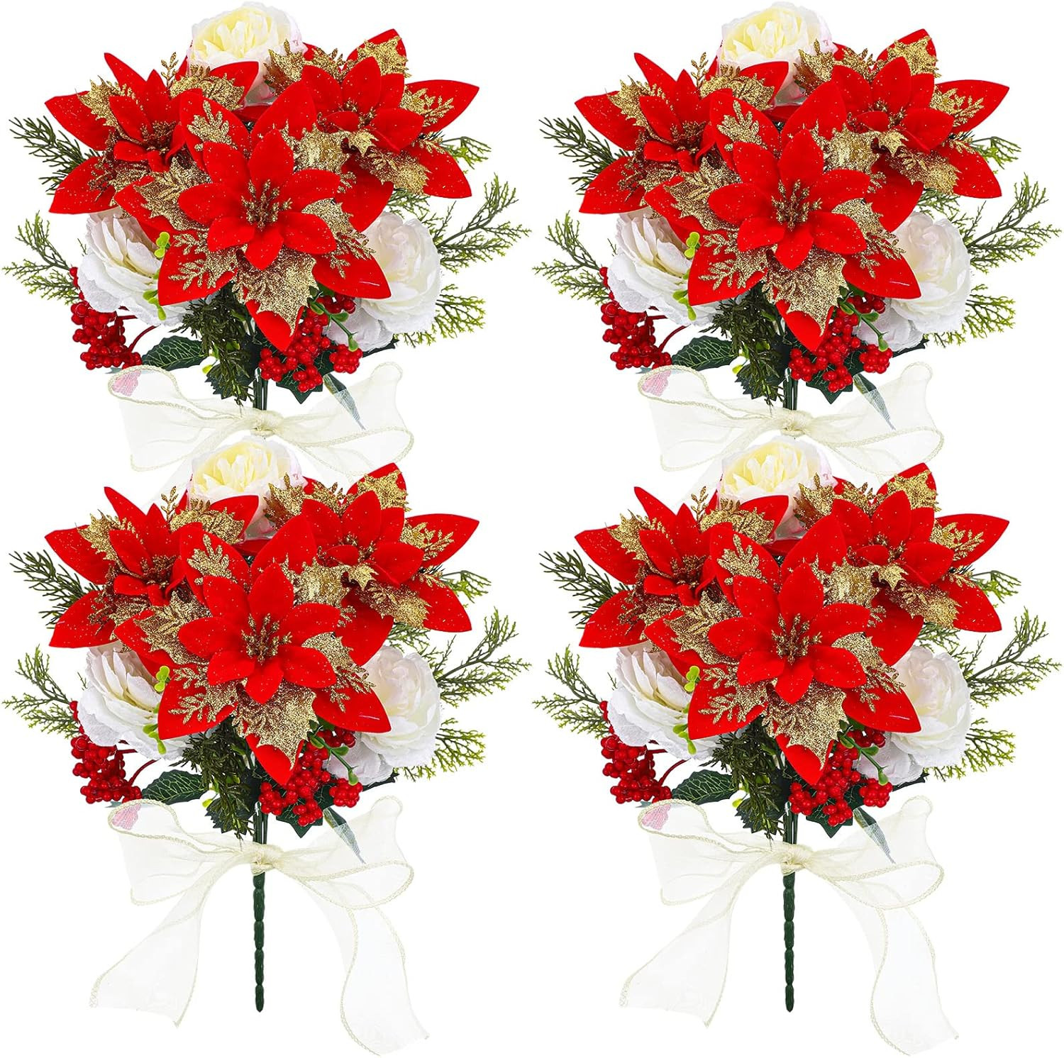 4 Pack 13.8 Inch Faux Velvet Poinsettia Carnation Berry Xmas Bush for Indoor Out