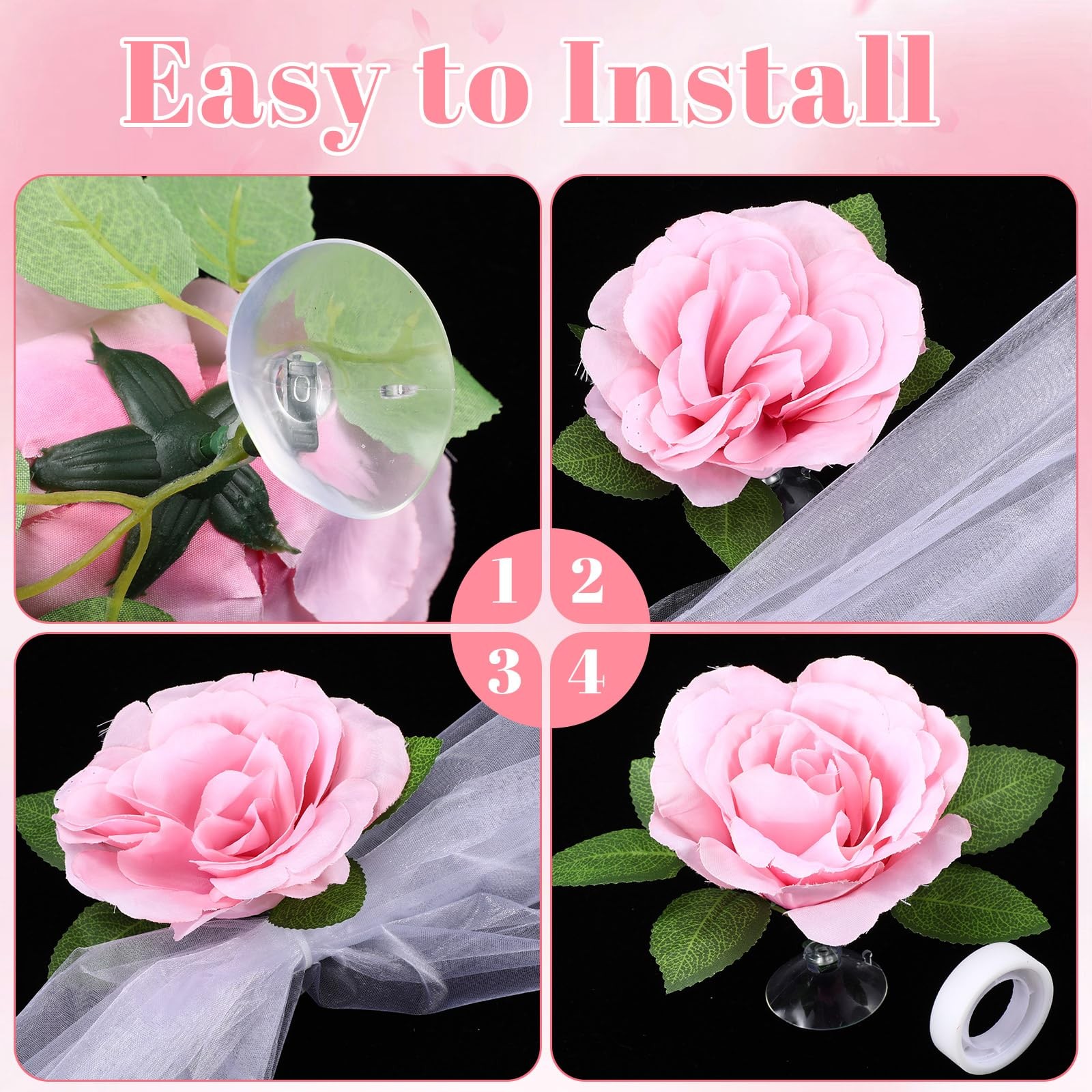 Wedding Car Decorations Pink Artificial Flowers Rose Bouquet Ribbon Set Prop