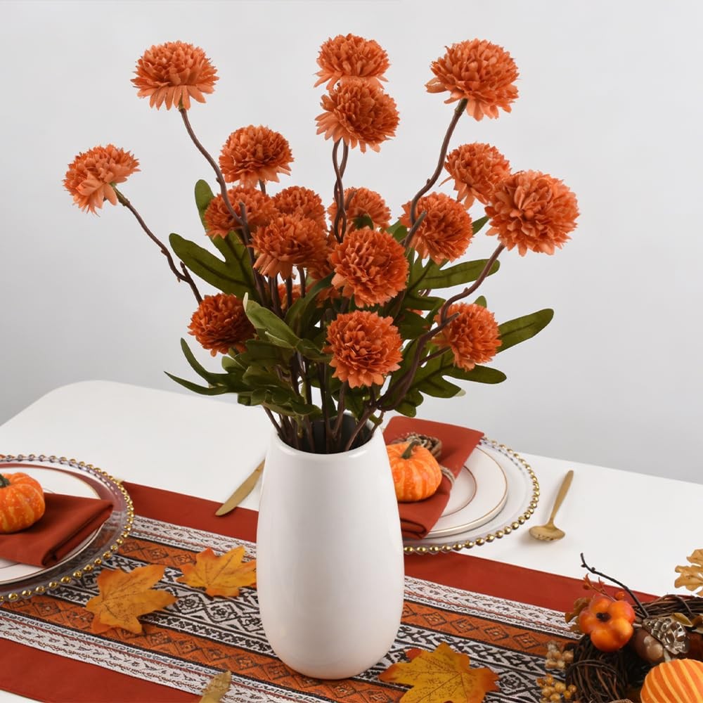Artificial Pompon Mum Stems Silk Home Decor Orange 20 Inch Set of 4