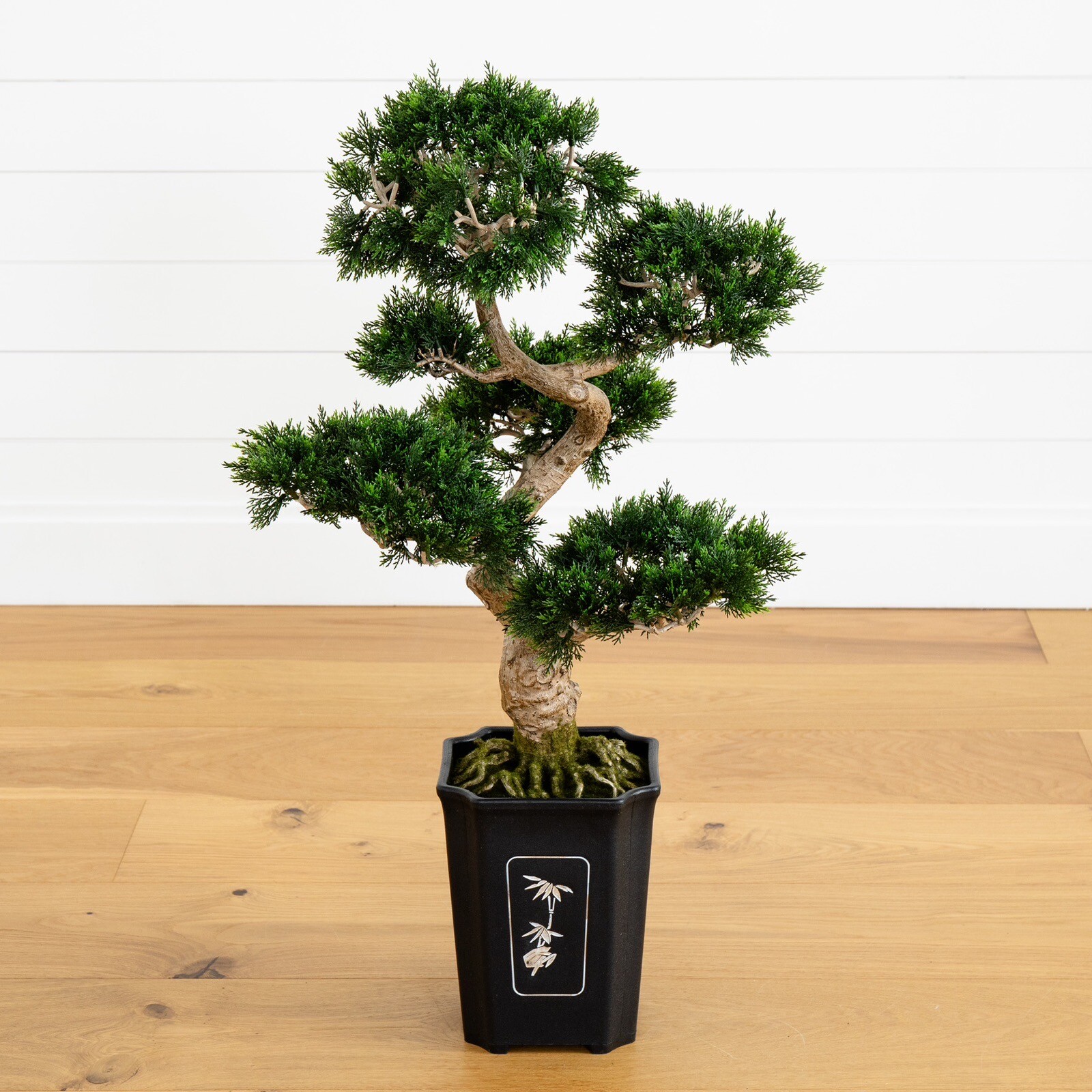 30″ Artificial Cedar Bonsai Tree w/517 Lvs in Square Black Vase. Retail $197