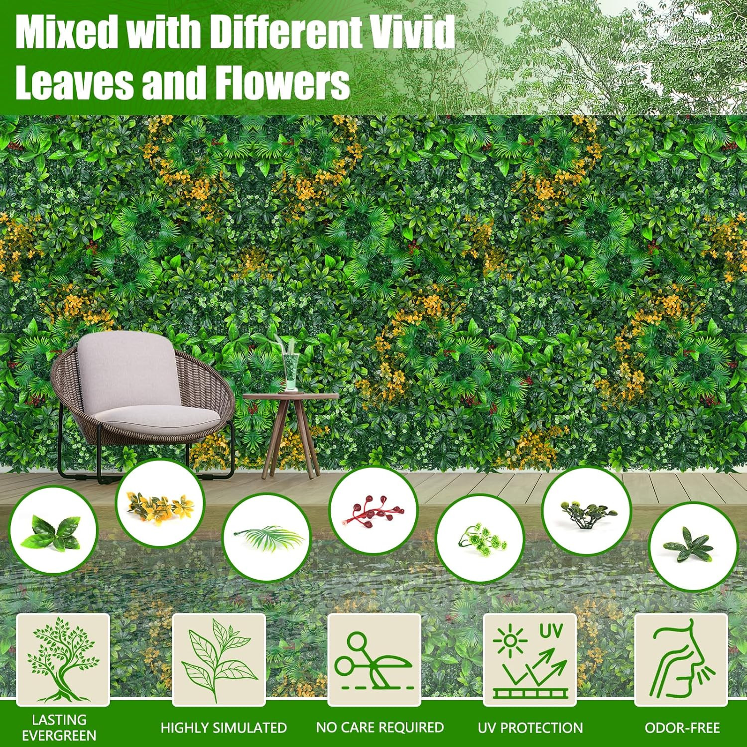 Artificial Grass Wall Panels with Tropical Leaves – 16 Pcs Green Decor