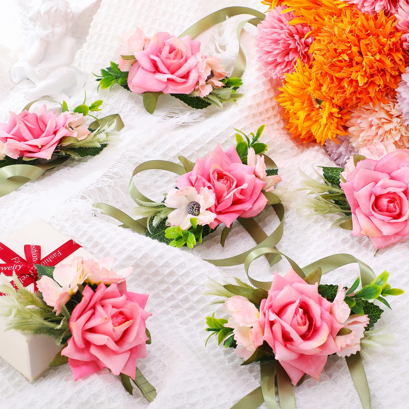 12 PCS Boutonniere Corsage Set Wedding Party Flower Wrist Pink Men Women Prom