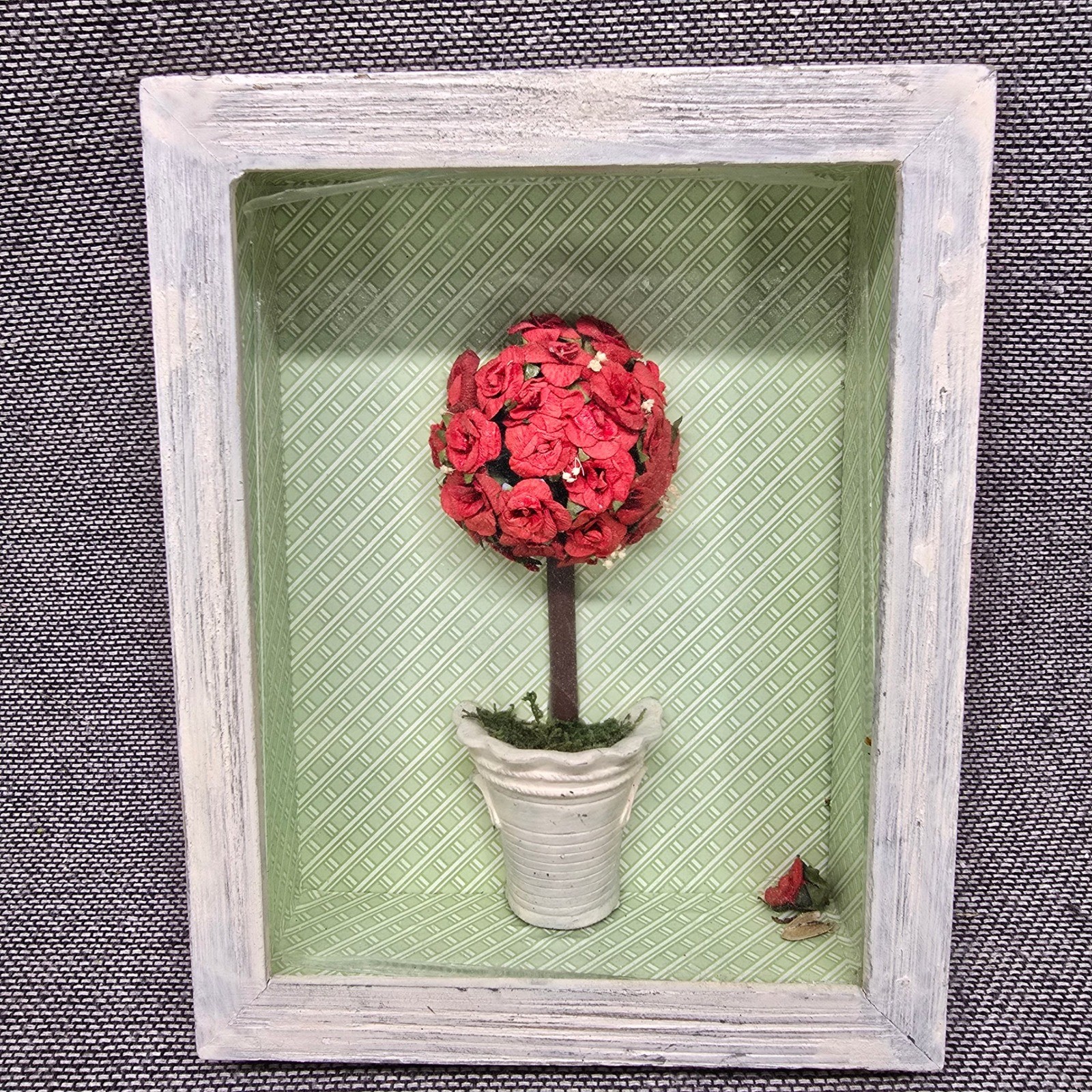Rose Topiary Shadow Box Wall Art 9×7 Red Green White Good Cottage core, Rustic