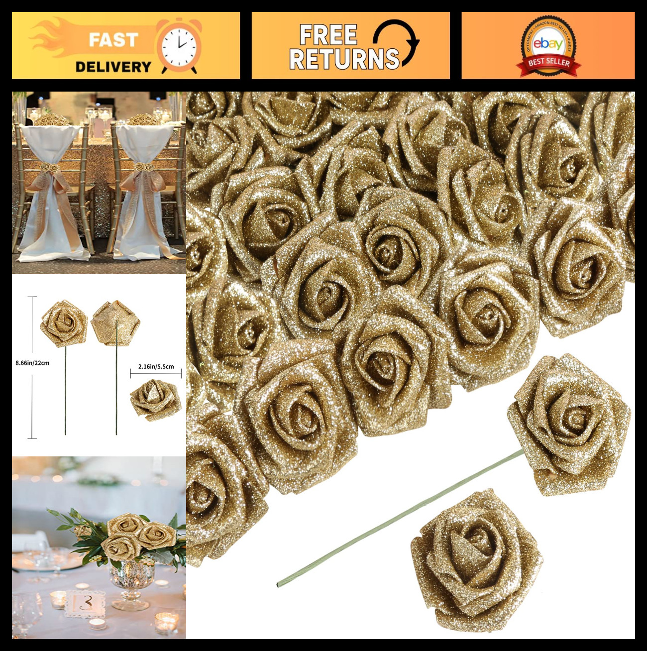 30 PCS Gold Glitter Foam Roses – Fake Flowers for Wedding, Home Decor, DIY Cente