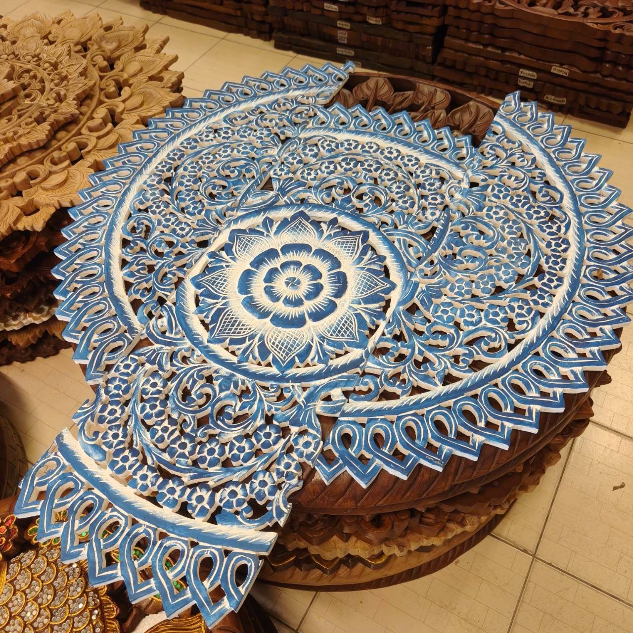 36″ Carved Wood Wall Art 3-Panel Round Mandala Coastal Blue & White #J