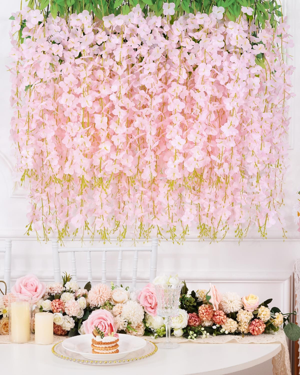 60 Pack Light Pink Wisteria Hanging Flowers for Home, Party, Wedding Decor