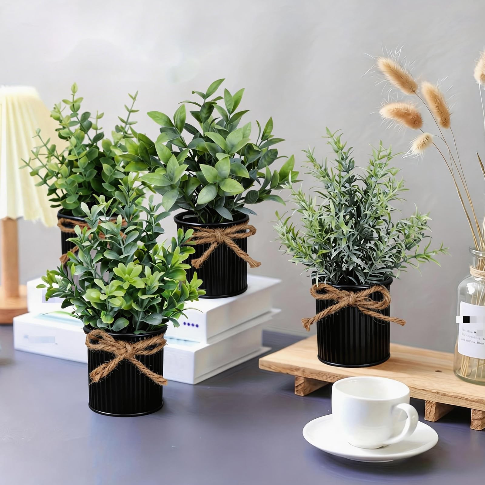 4 Potted Artificial Plants Metal Fake Potted Plant with Iron Pot Mini Greener…