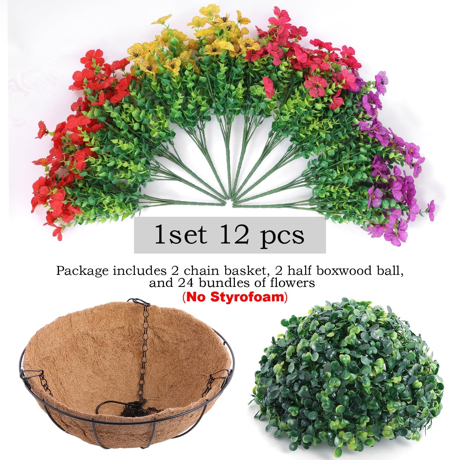 2 Set Artificial Outdoor Flowers with Hanging Baskets, 24 Pcs Planters for Garde