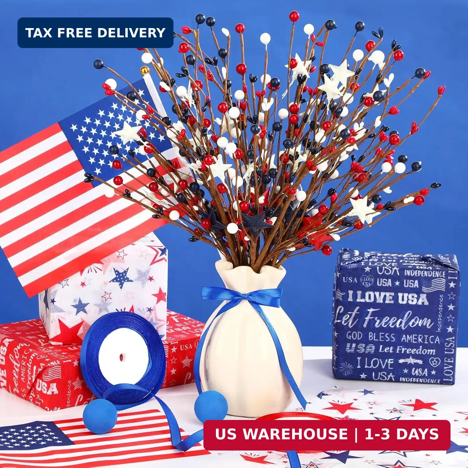 JUNEBRUSHS 6 Pack Patriotic Artificial Berry Stem Picks Red White and Blue Artif
